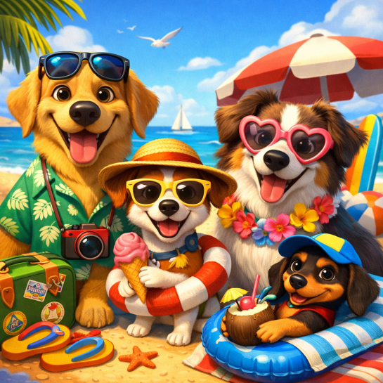 hunde på en sandstrand, med baderinge og solbriller